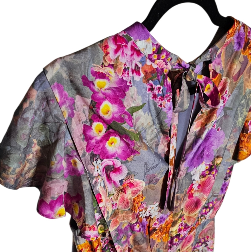 All Saints Jemille Lucia Silk Blend Lined Mini Dress Flutter Sleeves Grey Floral - Picture 9 of 16